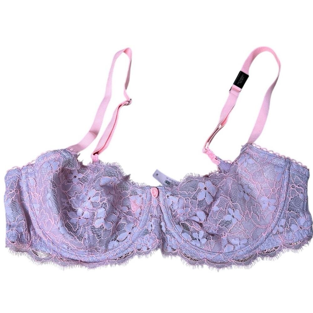 Victoria's Secret Bra Womens 36C Pink Longline Lace Unpadded Floral Underwired